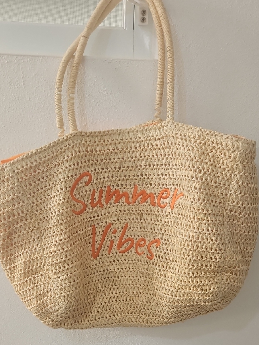 Natural Straw Tote with Coral 'Summer Vibes' Accent